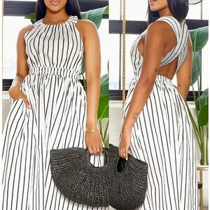 Black & White Striped Halter Neck Backless Dress - Lightweight Maxi Dress